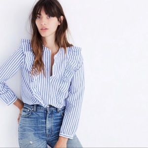 Madewell Blue and White Striped Ruffle Blouse